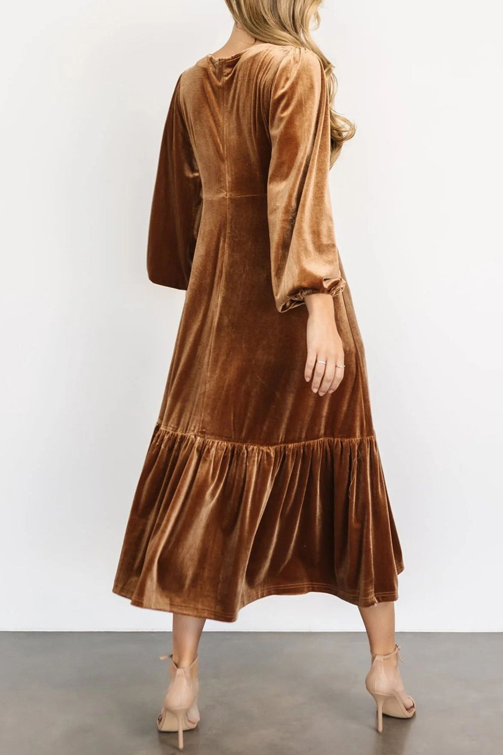 V-Neck Long Sleeve Midi Velvet Dress - Classique Collection
