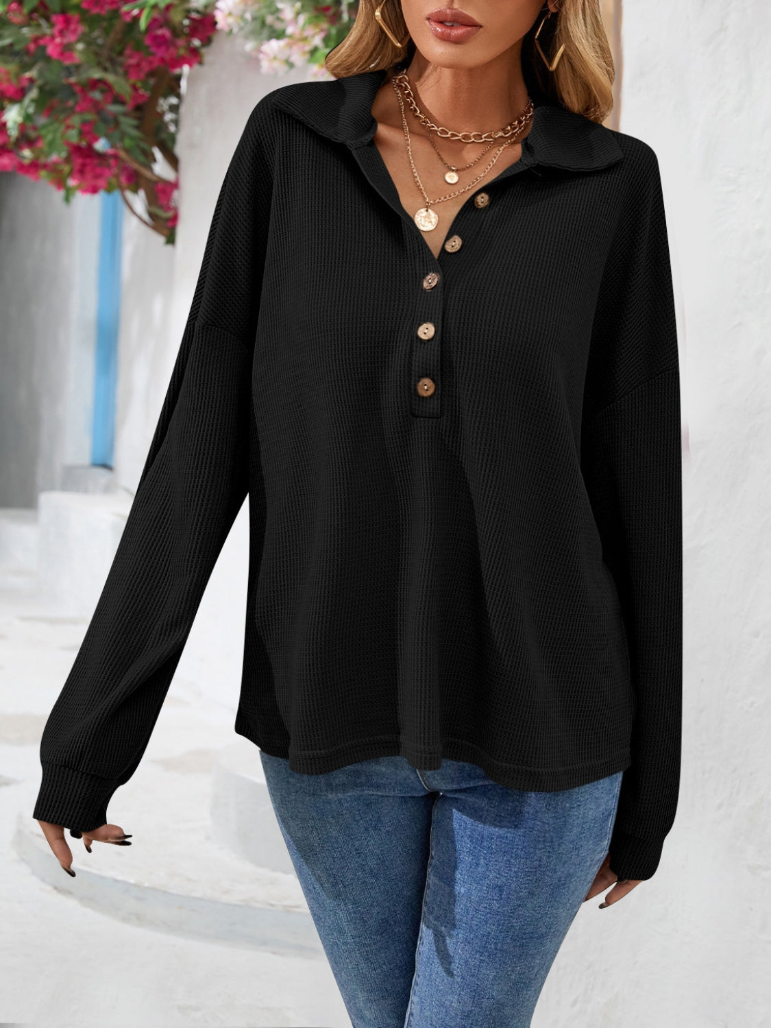 Half Button Collared Neck Long Sleeve Top - Classique Collection