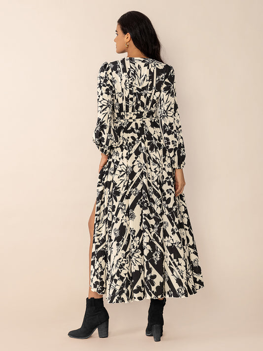 Tied Printed V-Neck Long Sleeve Midi Dress - Classique Collection
