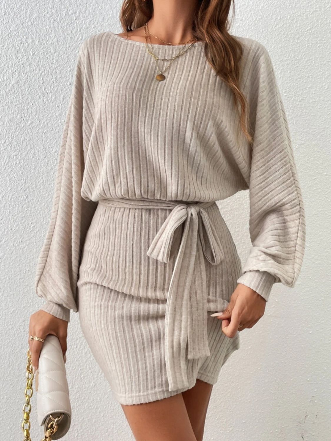 Round Neck Tie Waist Long Sleeve Mini Dress - Classique Collection