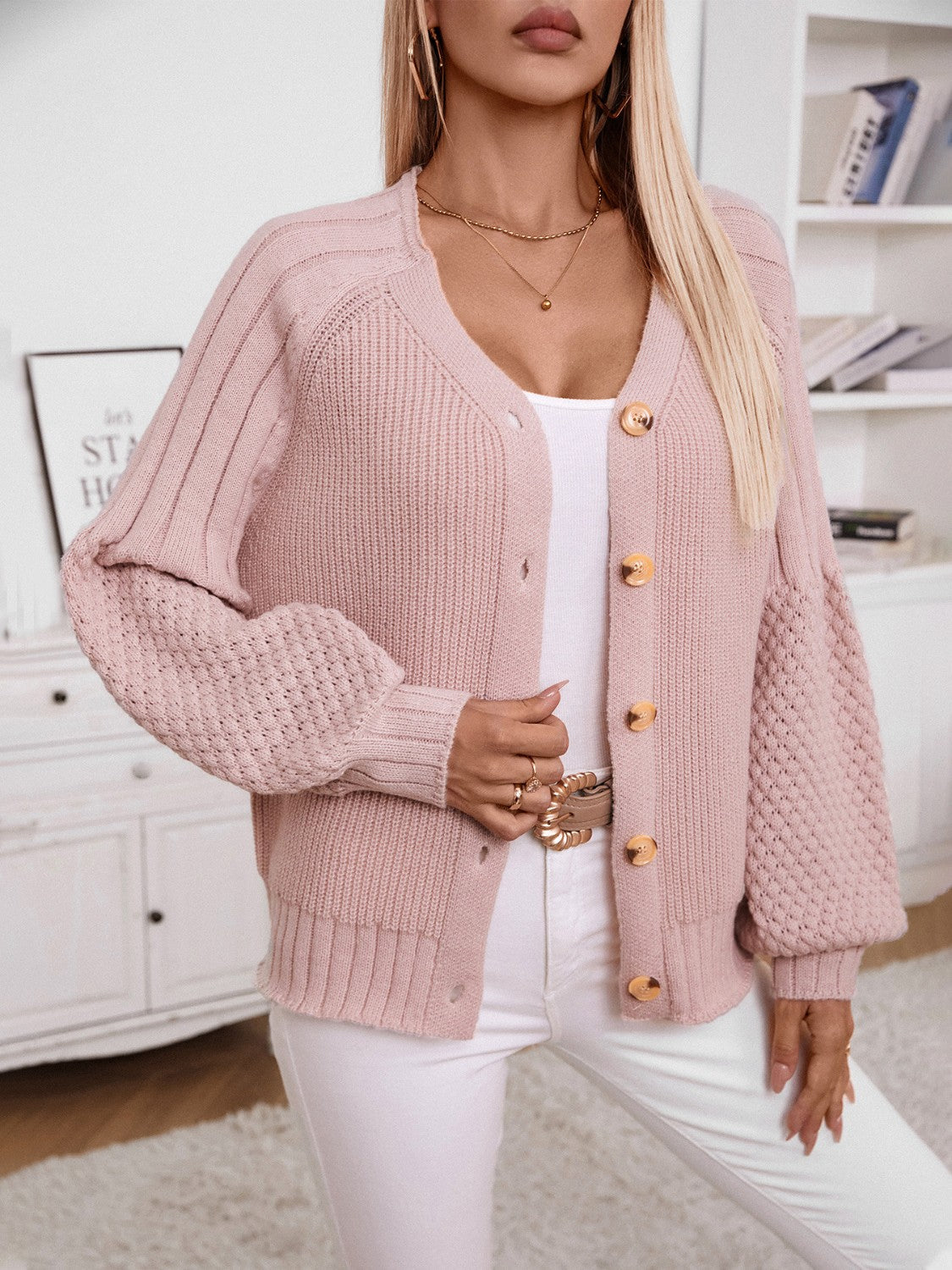 V-Neck Button Up Raglan Sleeve Cardigan - Classique Collection