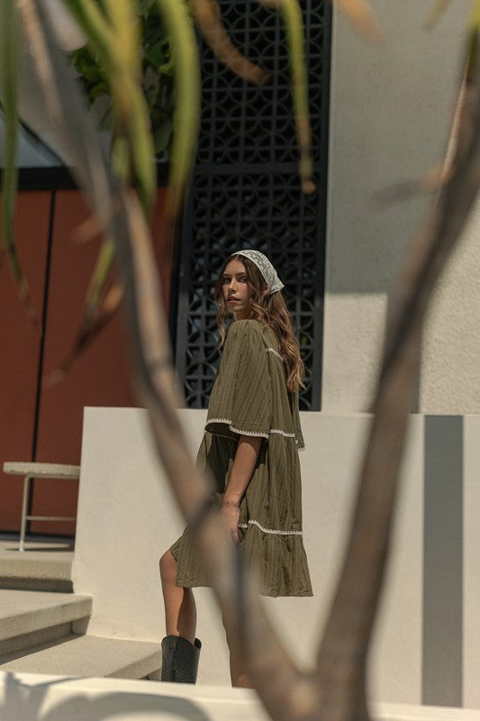 Annie Wear Tassel Contrast Trim Tie Neck Half Sleeve Tiered Dress - ClassiQ
