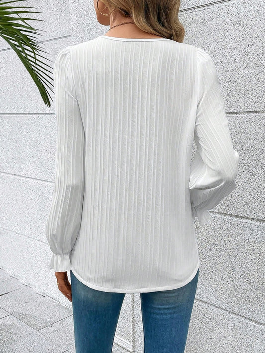 V-Neck Lace Detail Flounce Sleeve Blouse - Classique Collection