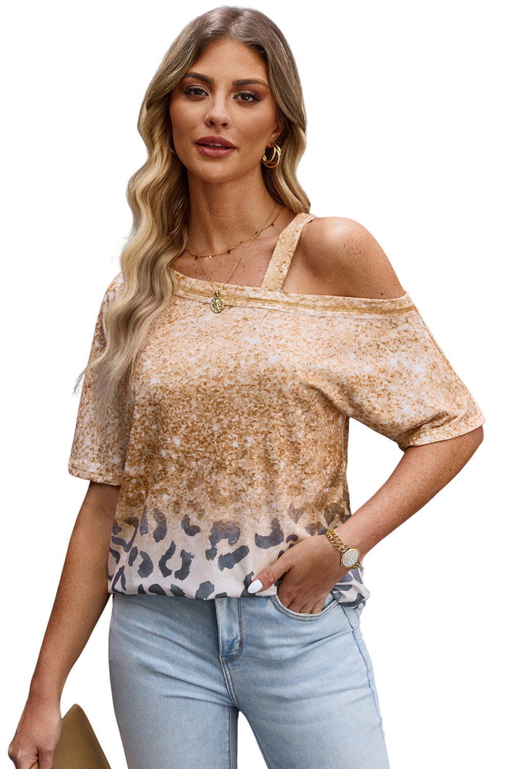 Leopard Asymmetrical Neck Cold-Shoulder Blouse - Classique Collection