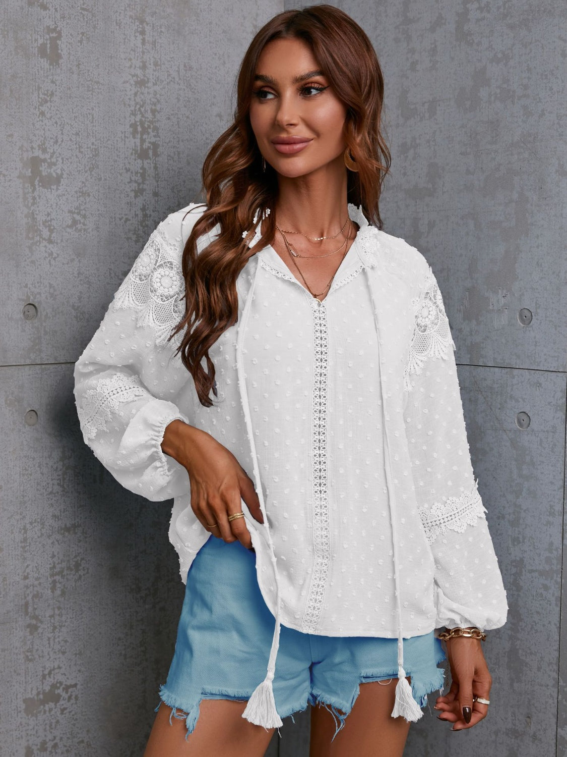Crochet Tassel Tie Neck Long Sleeve Blouse - Classique Collection