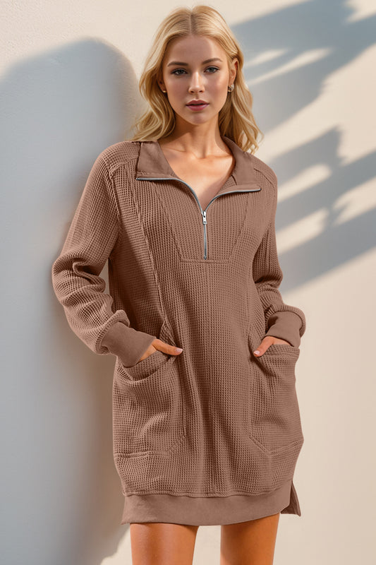 Double Take Waffle Long Sleeve Mini Dress with Pockets - Classique Collection