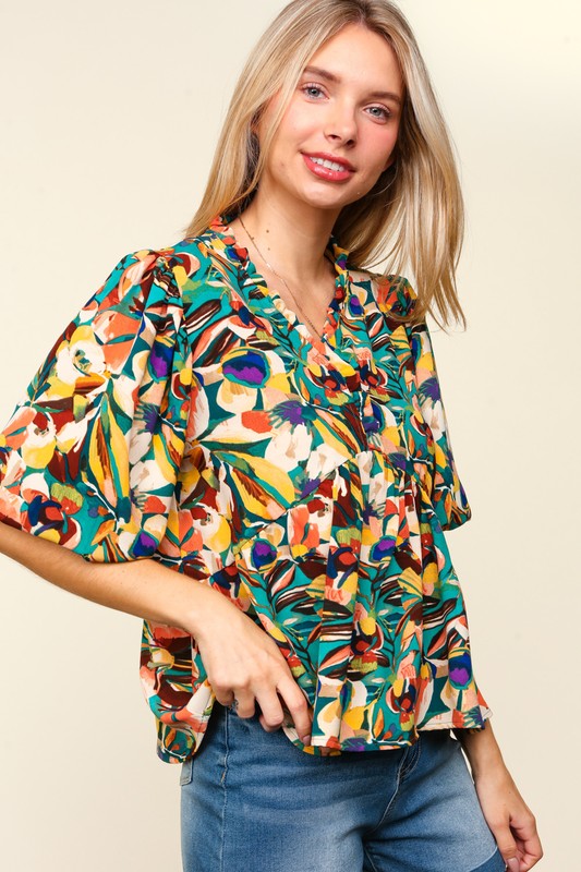 Haptics Full Size Frill Floral Puff Sleeve Peplum Blouse - Classique Collection