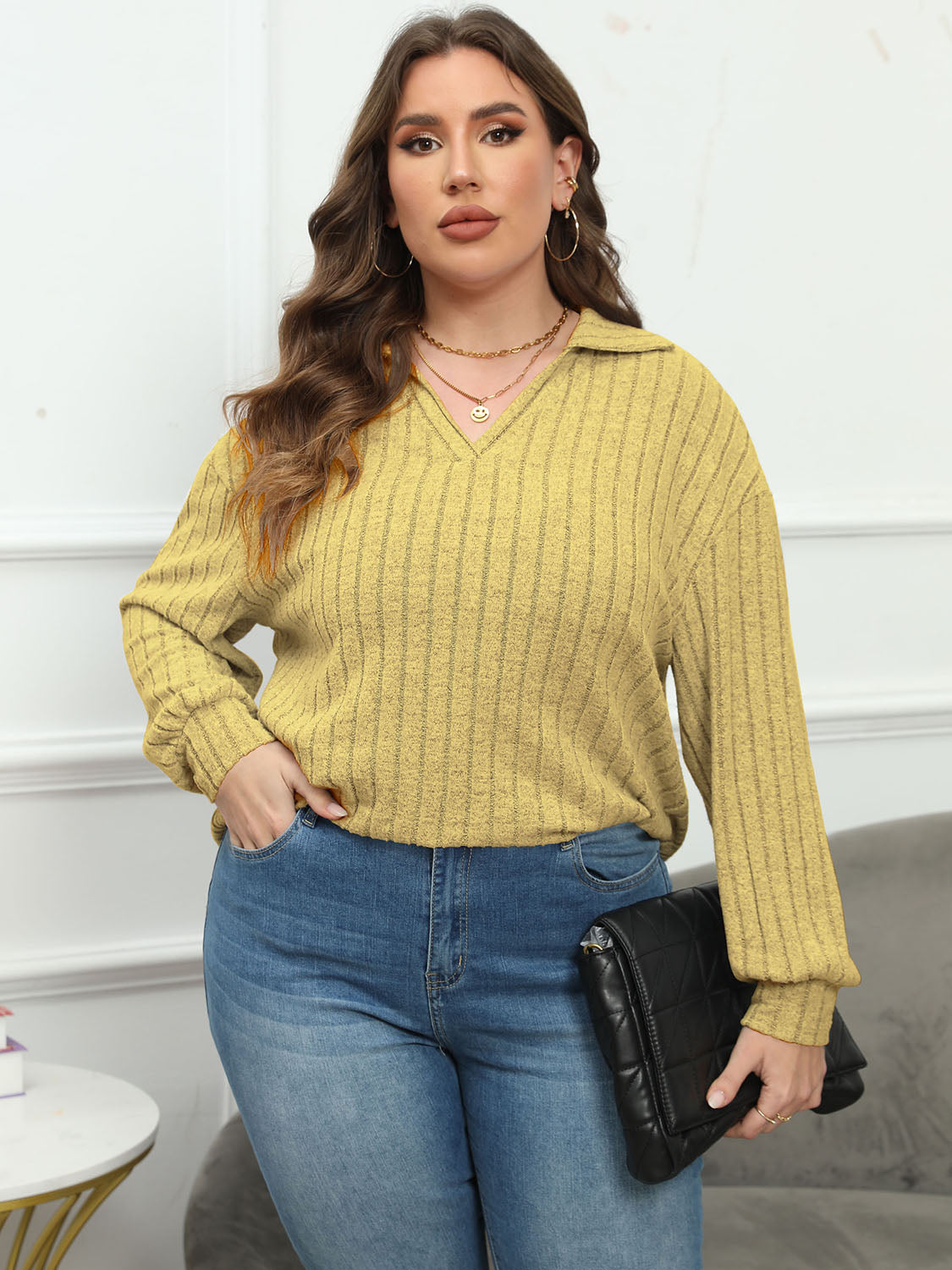 Plus Size Ribbed Collared Neck Long Sleeve Blouse - Classique Collection