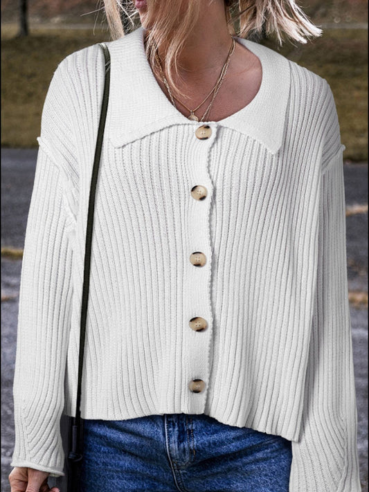 Collared Neck Button Down Long Sleeve Cardigan - Classique Collection