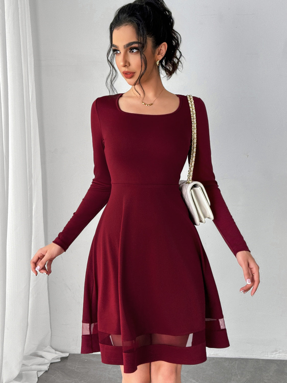 Square Neck Long Sleeve Mini Dress - Classique Collection