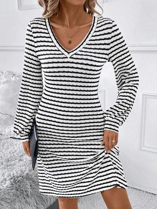 Striped V-Neck Long Sleeve Dress - Classique Collection