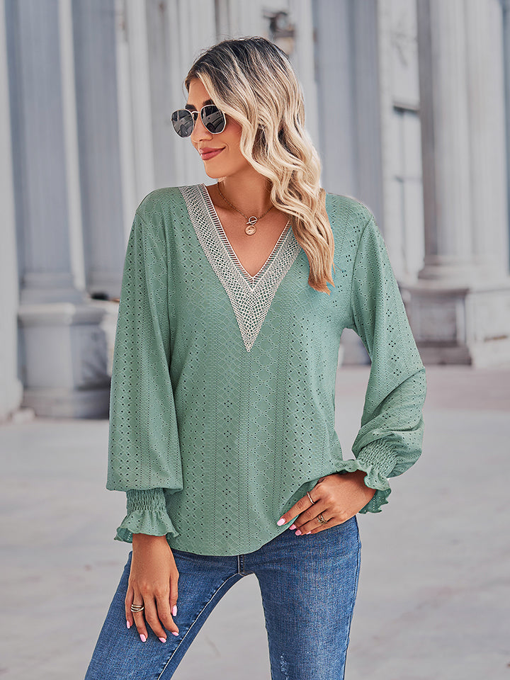 V-Neck Eyelet Flounce Sleeve Blouse - Classique Collection
