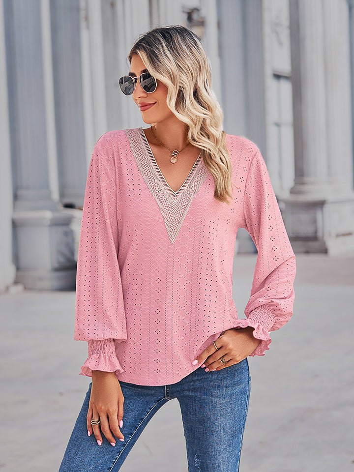 V-Neck Eyelet Flounce Sleeve Blouse - Classique Collection