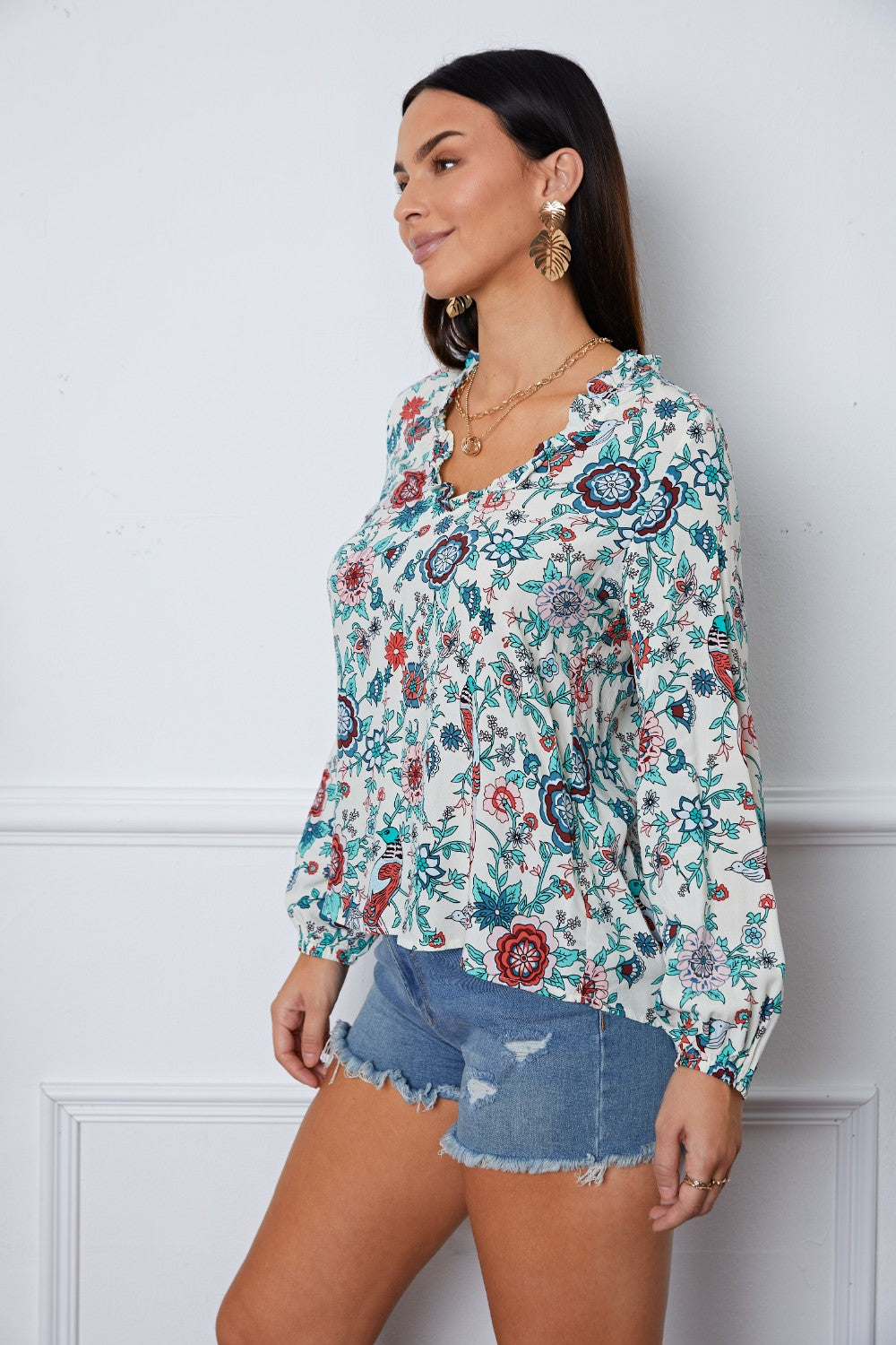 Floral Notched Long Sleeve Blouse - Classique Collection