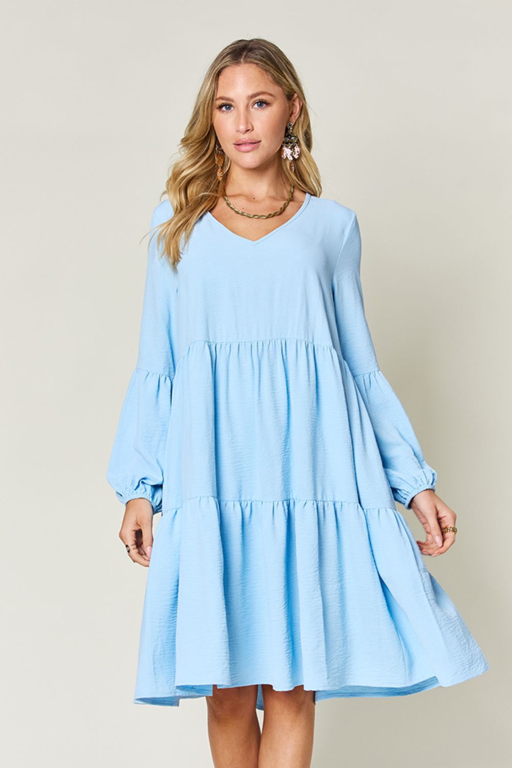 Double Take Full Size V-Neck Balloon Sleeve Tiered Dress with Pockets - Classique Collection