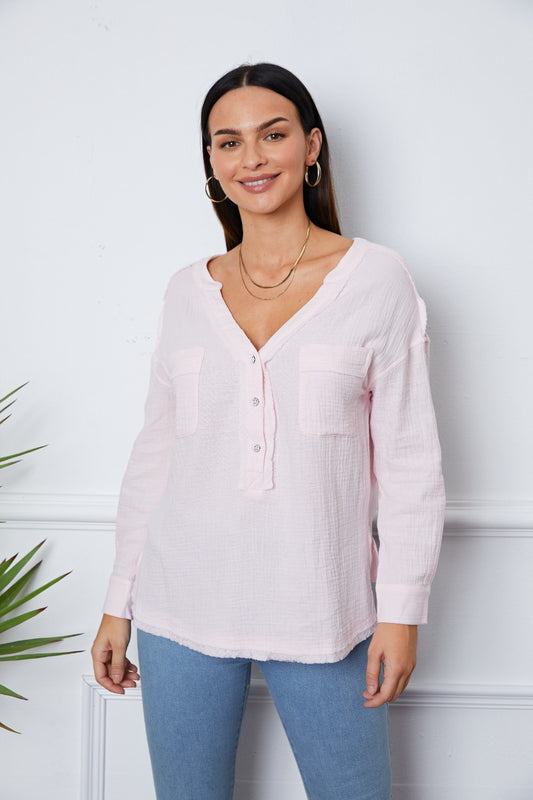Texture Half Button Raw Hem Top - ClassiQ