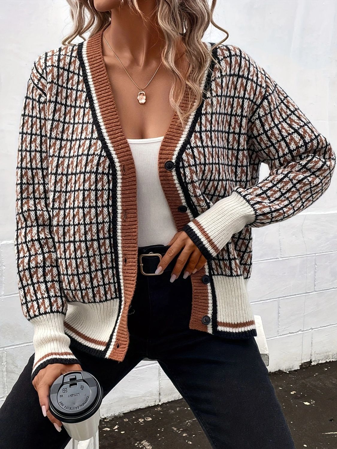 Plaid V-Neck Button Up Cardigan - Classique Collection