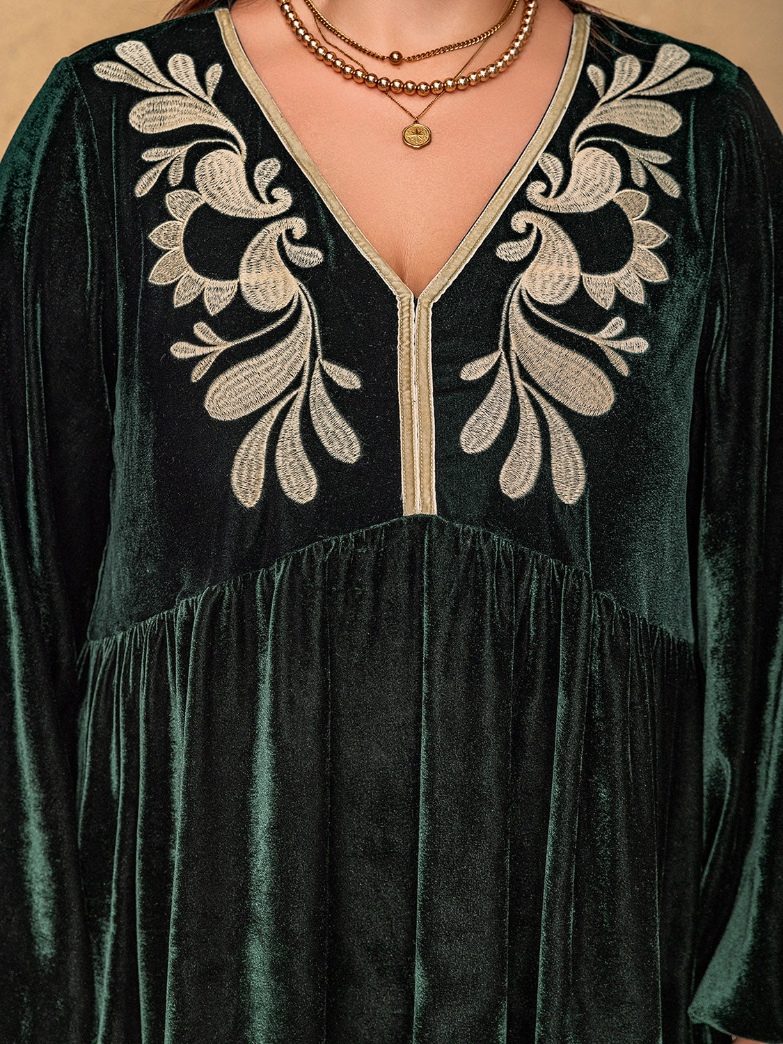 Plus Size Embroidered V-Neck Long Sleeve Dress - Classique Collection