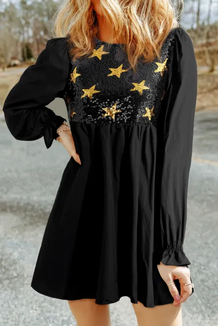 Sequin Star Round Neck Flounce Sleeve Mini Dress - Classique Collection