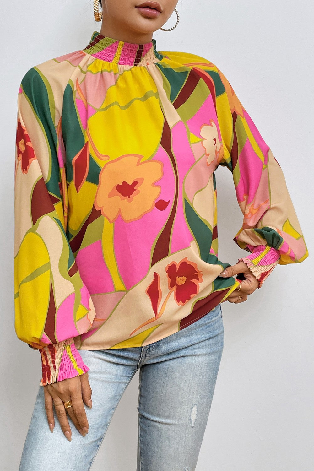 Floral Smocked Lantern Sleeve Mock Neck Blouse - Classique Collection