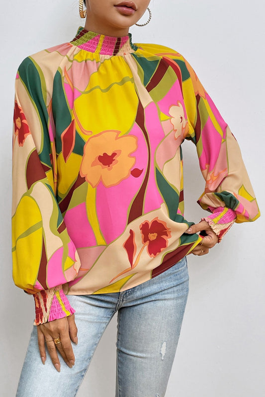 Floral Smocked Lantern Sleeve Mock Neck Blouse - Classique Collection