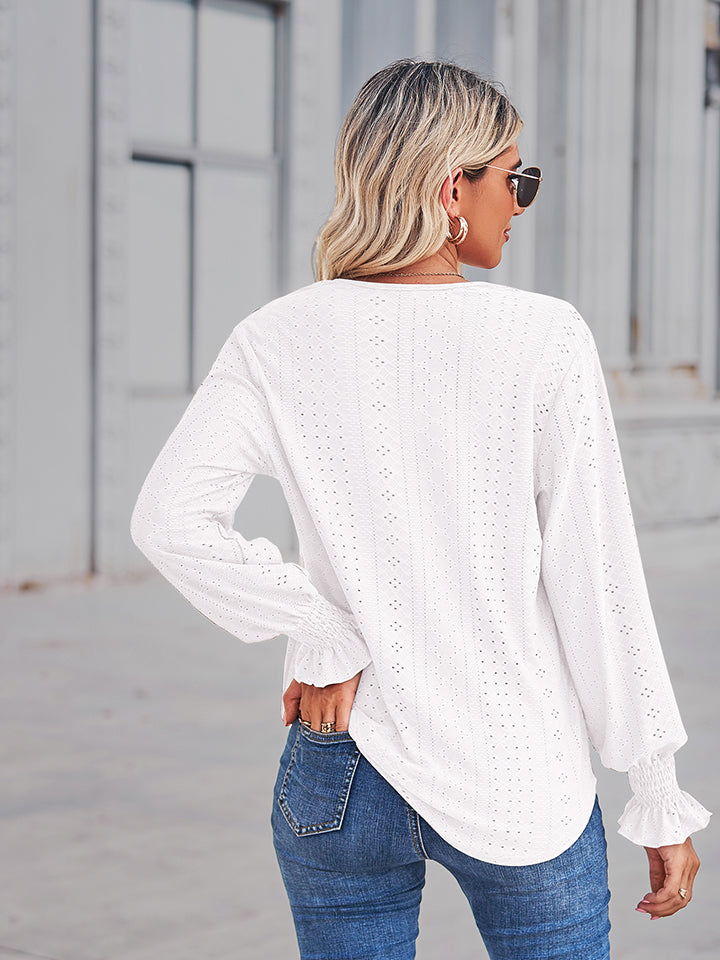 V-Neck Eyelet Flounce Sleeve Blouse - Classique Collection