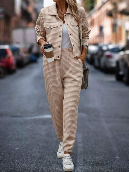 Plaid Texture Snap Down Top and Pants Set - ClassiQ
