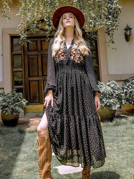 Embroidered Polka Dot Tie Neck Long Sleeve Midi Dress - Classique Collection