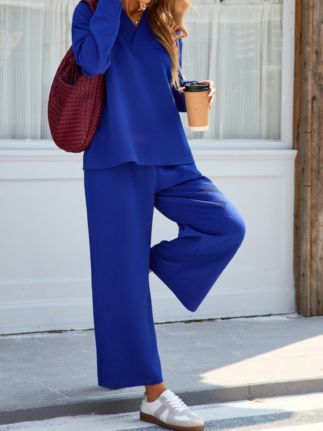 Johnny Collar Long Sleeve Top and Wide Leg Pants Set - ClassiQ