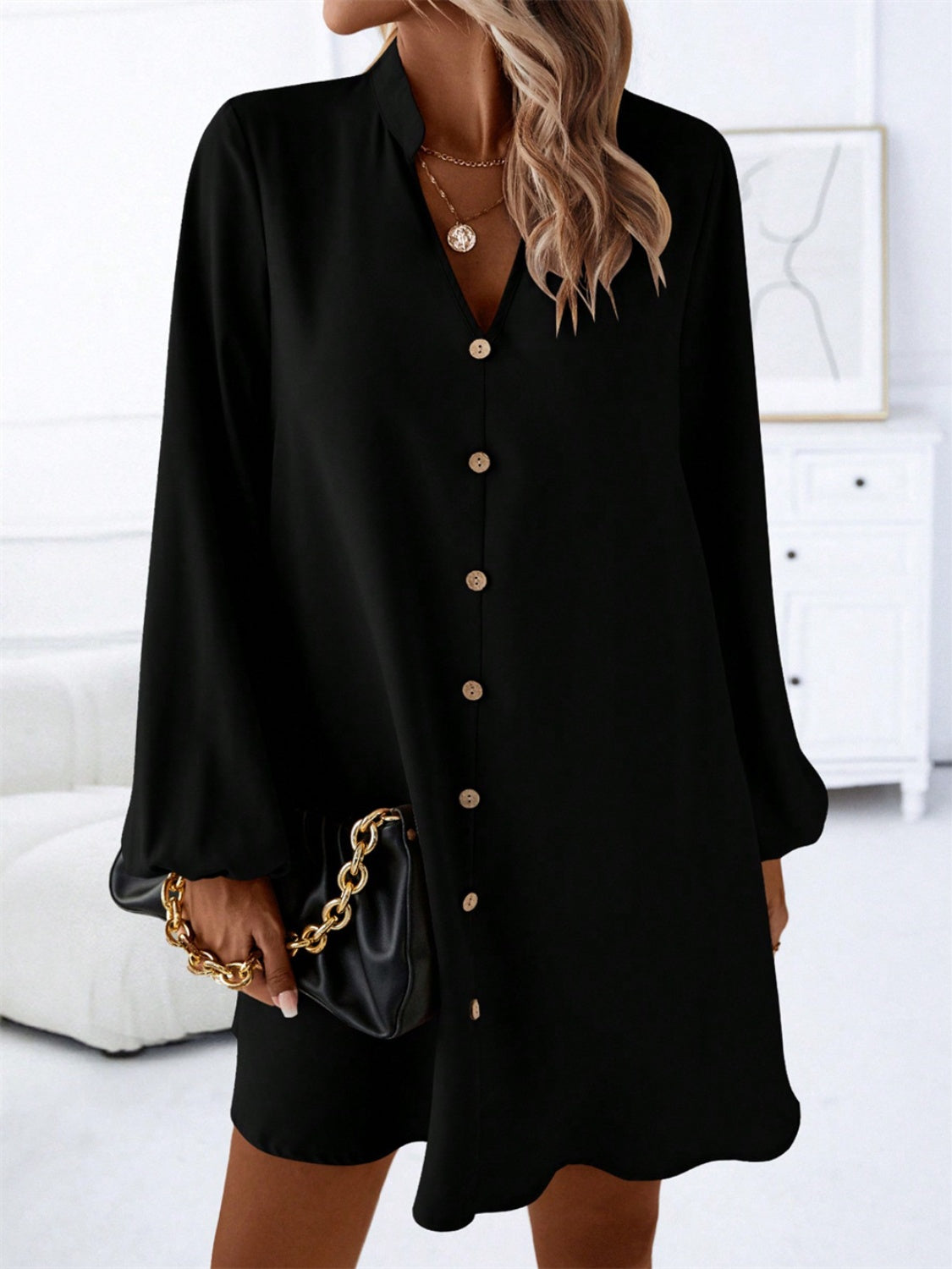 Notched Long Sleeve Mini Dress - Classique Collection