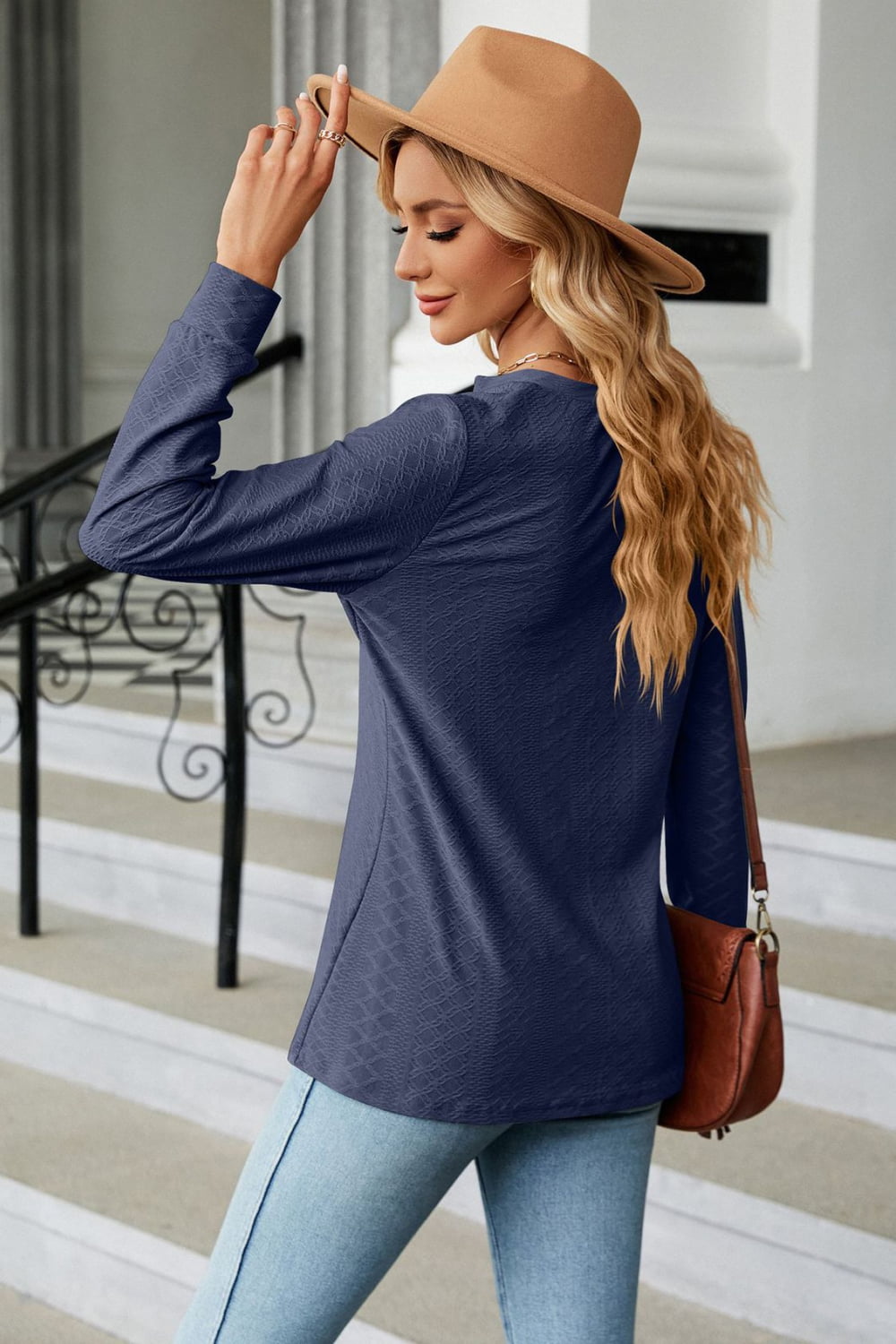Notched Neck Long Sleeve Buttoned Blouse - Classique Collection