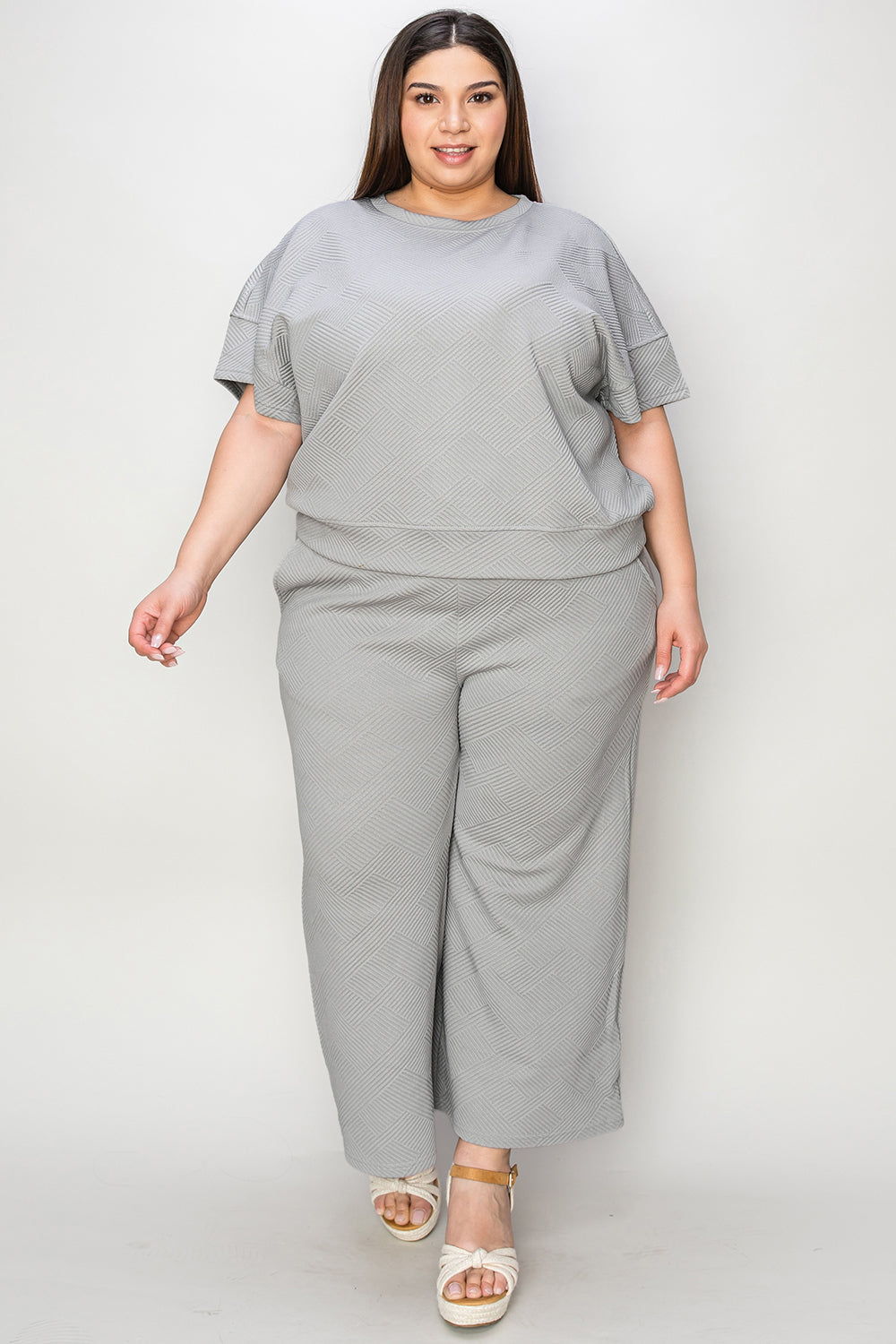 Double Take Full Size Texture Short Sleeve Top and Pants Set - ClassiQ