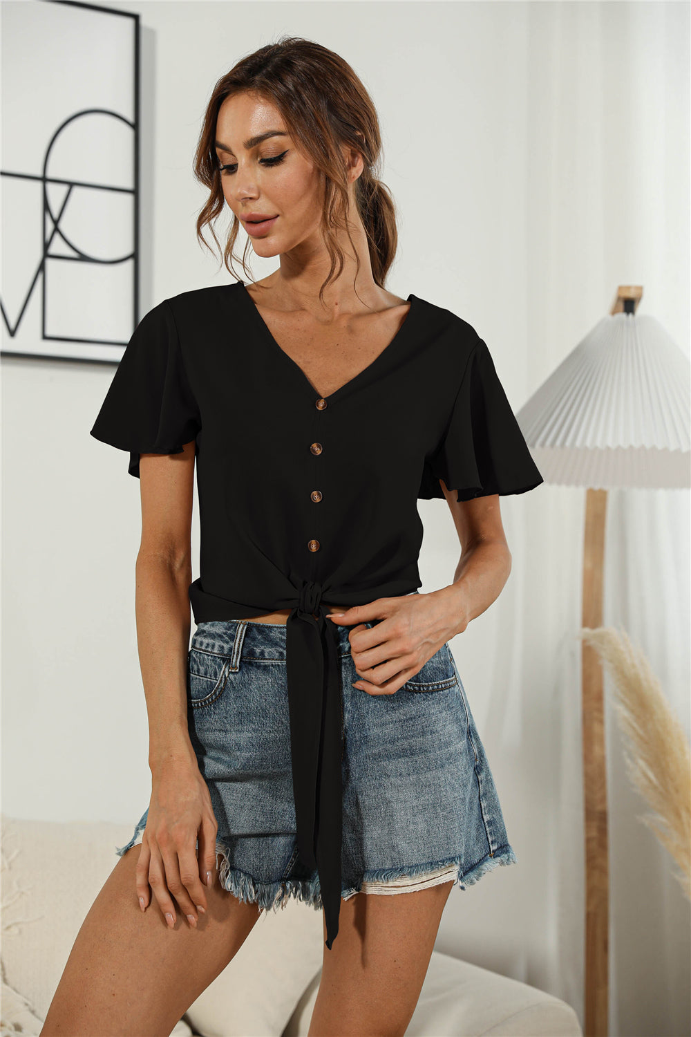 Decorative Button V-Neck Tied Blouse - ClassiQ