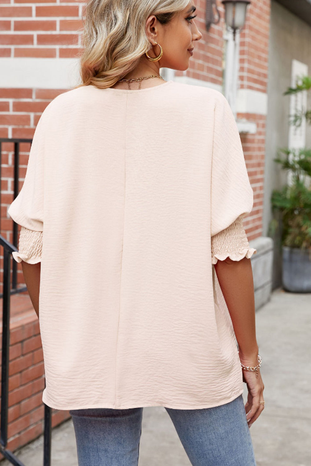 Round Neck Smocked Lantern Sleeve Blouse - Classique Collection