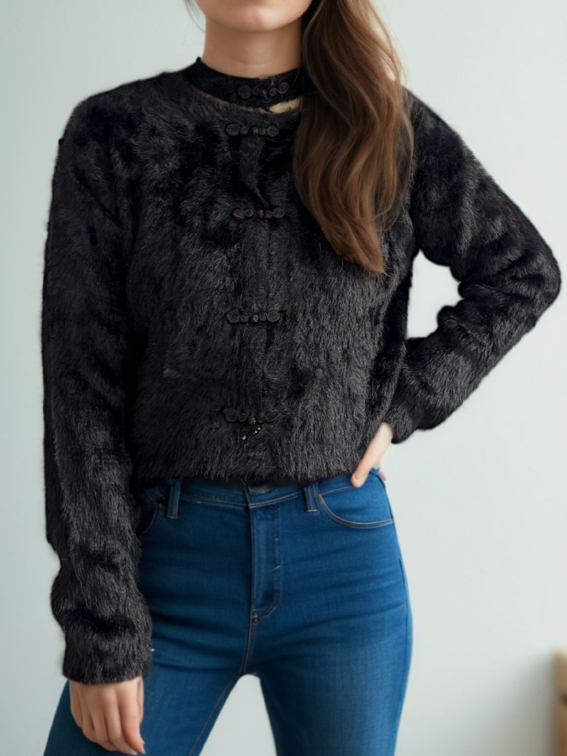 Cutout Knot Button Long Sleeve Cardigan - ClassiQ