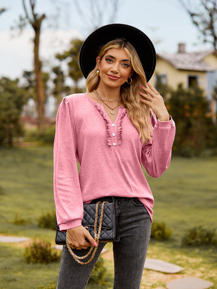 Puff Sleeve Ruffle Trim Blouse - Classique Collection
