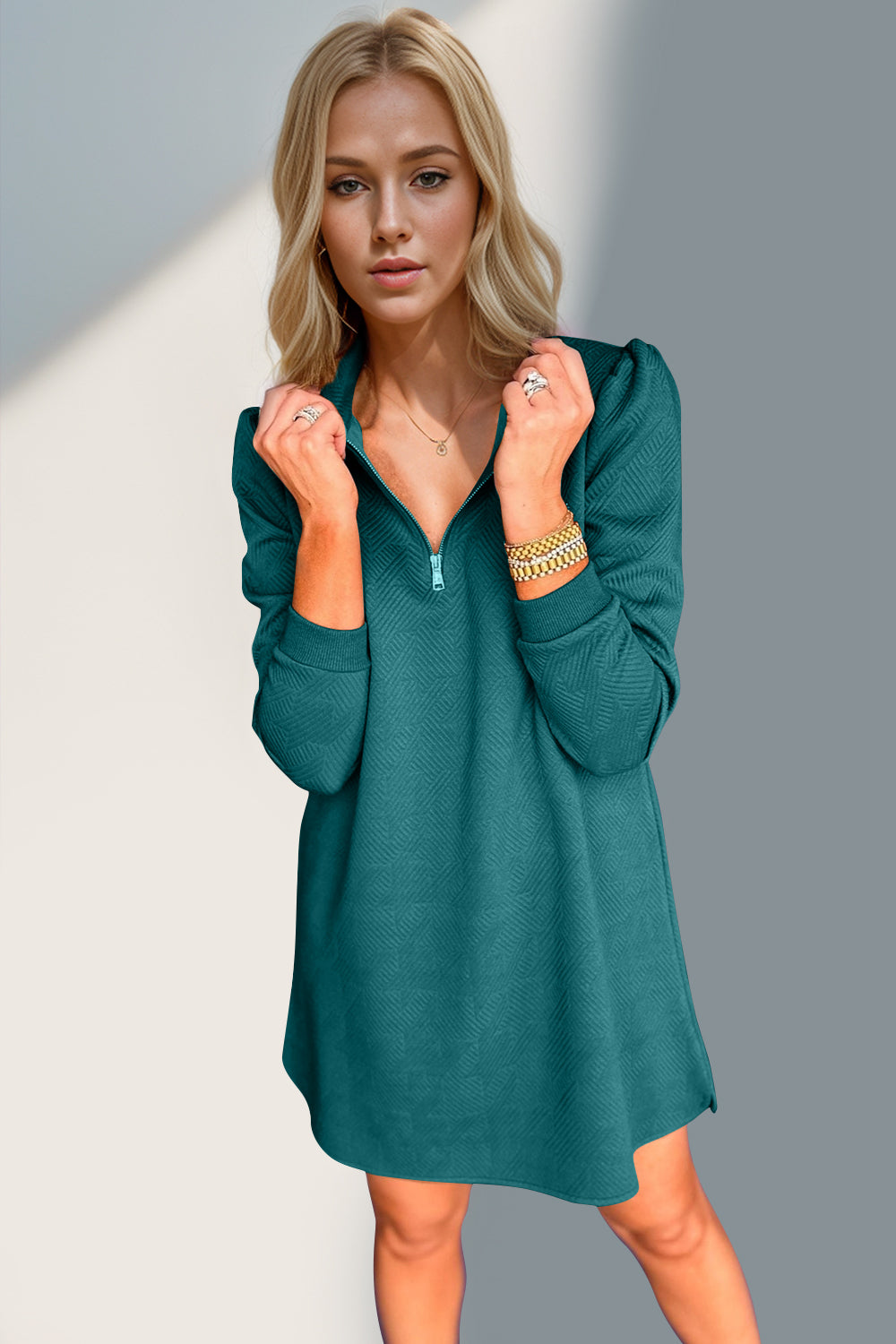 Double Take Textured Quarter Zip Long Sleeve Dress - Classique Collection