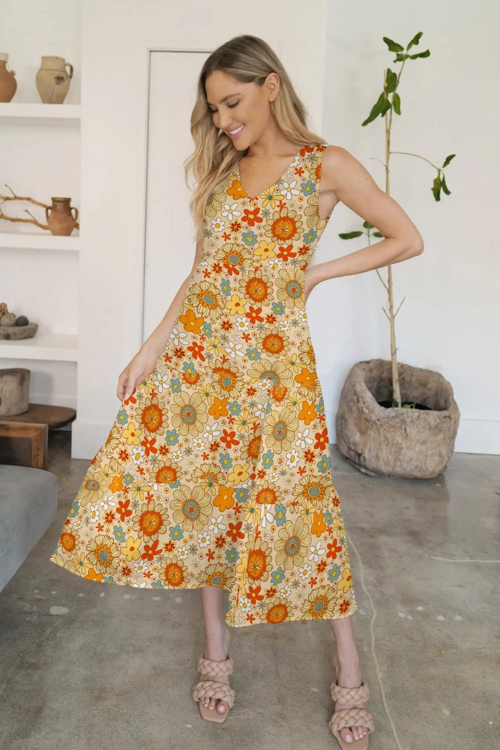 FAM - FAM Tiered Printed V - Neck Sleeveless Dress