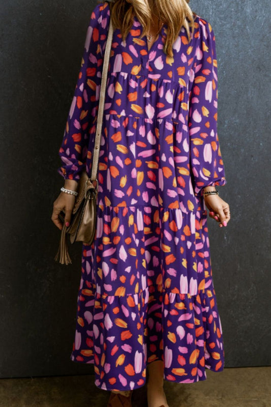 Printed Notched Long Sleeve Dress - Classique Collection