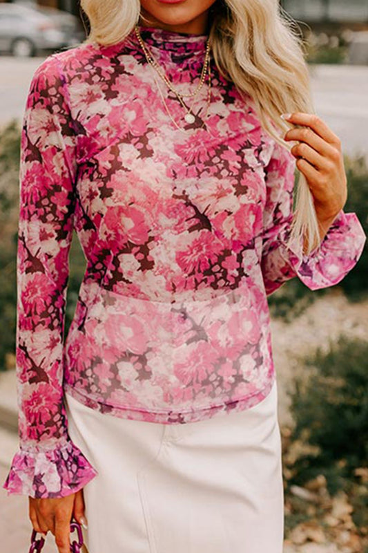 Floral Turtleneck Flounce Sleeve Blouse - Classique Collection