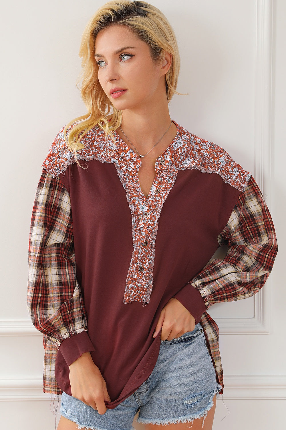 Plaid Notched Neck Slit Blouse - Classique Collection