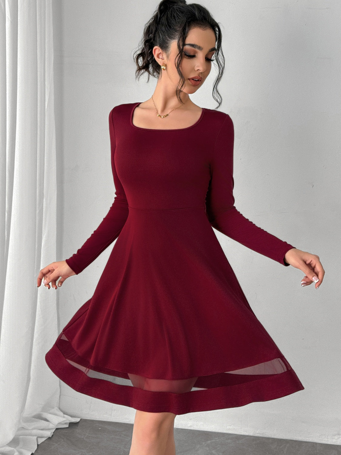 Square Neck Long Sleeve Mini Dress - Classique Collection