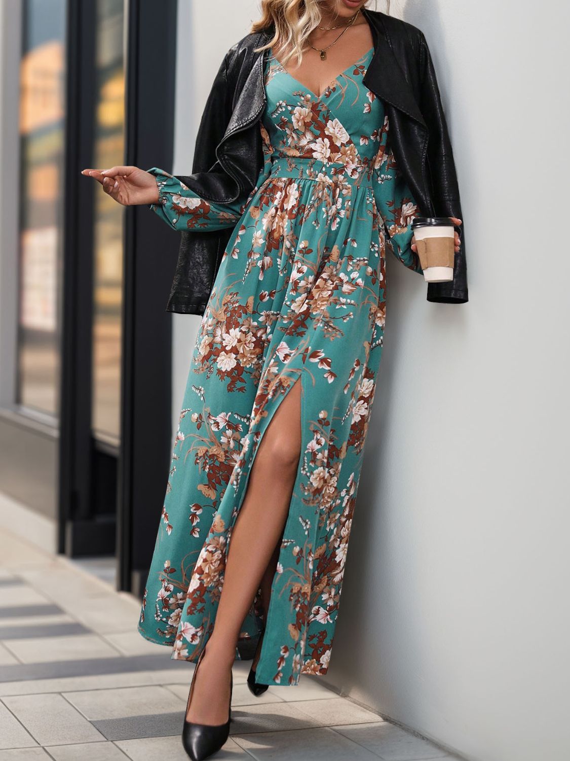 Perfee Slit Printed Surplice Long Sleeve Maxi Dress - Classique Collection