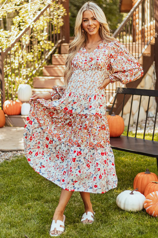 Full Size Printed V-Neck Lantern Sleeve Midi Dress - Classique Collection