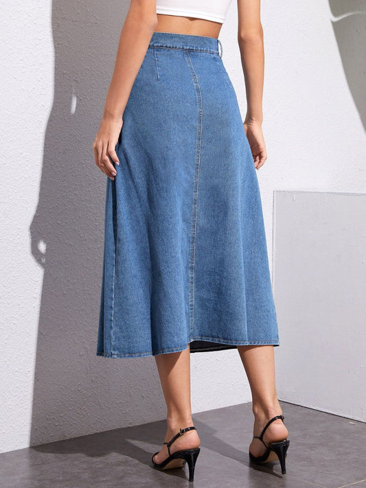 Buttoned Midi Denim Skirt with Pockets - Classique Collection