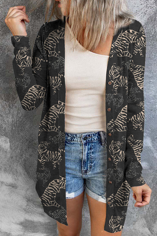Tiger Print Button Up Long Sleeve Cardigan - ClassiQ