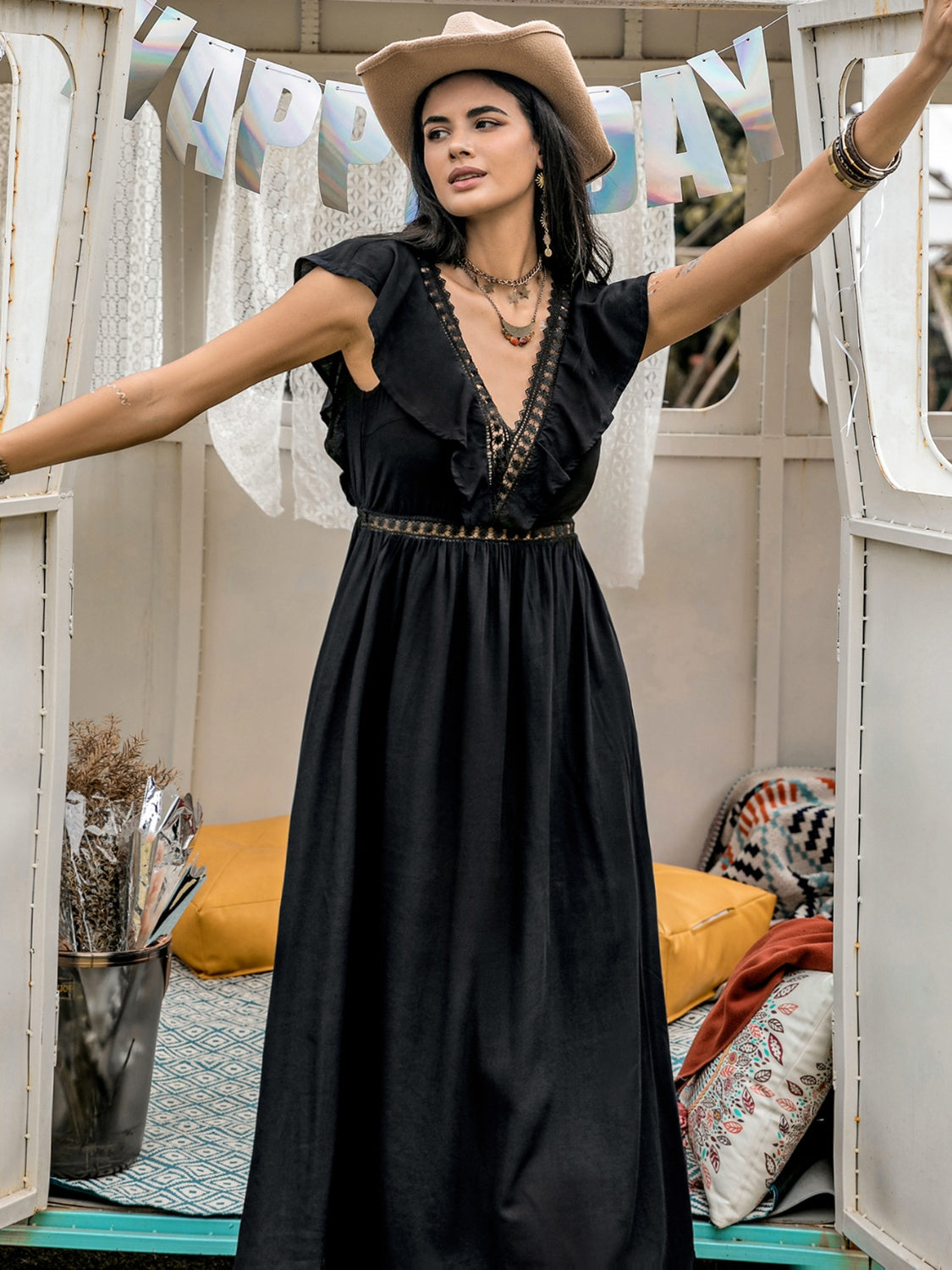 Lace Detail Plunge Cap Sleeve Midi Dress - Classique Collection