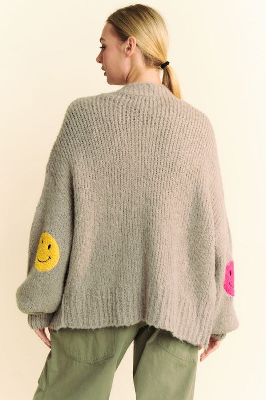 Davi & Dani Fuzzy Smile Open Front Long Sleeve Cardigan - Classique Collection