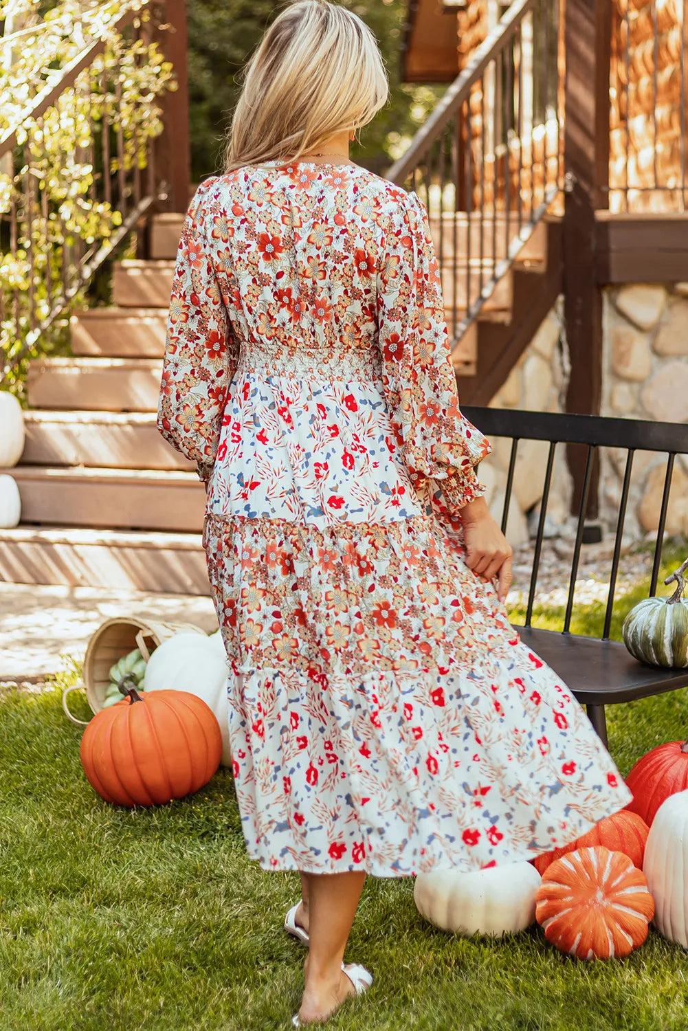 Full Size Printed V-Neck Lantern Sleeve Midi Dress - Classique Collection