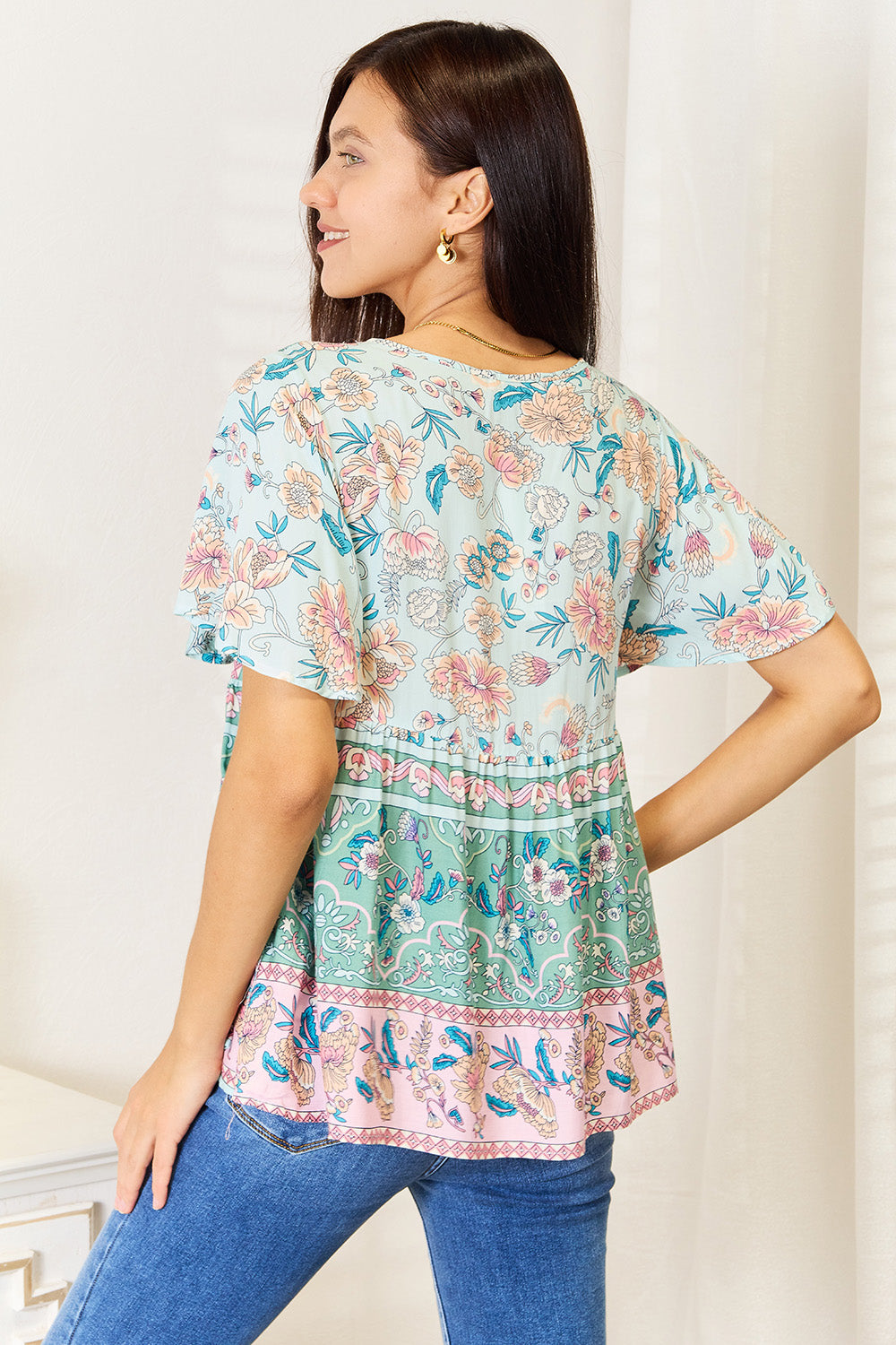 Perfee Floral Tie Neck Short Sleeve Blouse - Classique Collection